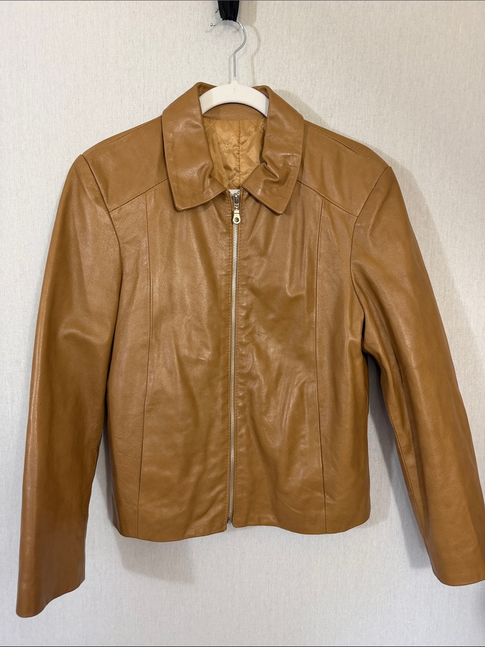 Caramel Tan Genuine Leather Zip Vintage Jacket Made in Spain Pelleteria Campoy